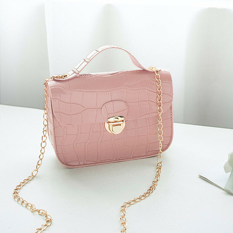 Retro Women Crossbody Handbag Stone Pattern PU Chain Shoulder Bags (Pink)