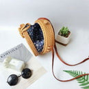 Women Handwoven Rattan Round Bag Shoulder Leather Straps For Outdoor Leisur