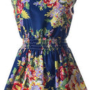 Lady's Sleeveless O-neck Flower Printed Casual Mini Dress--Blue-and-white A T2H4