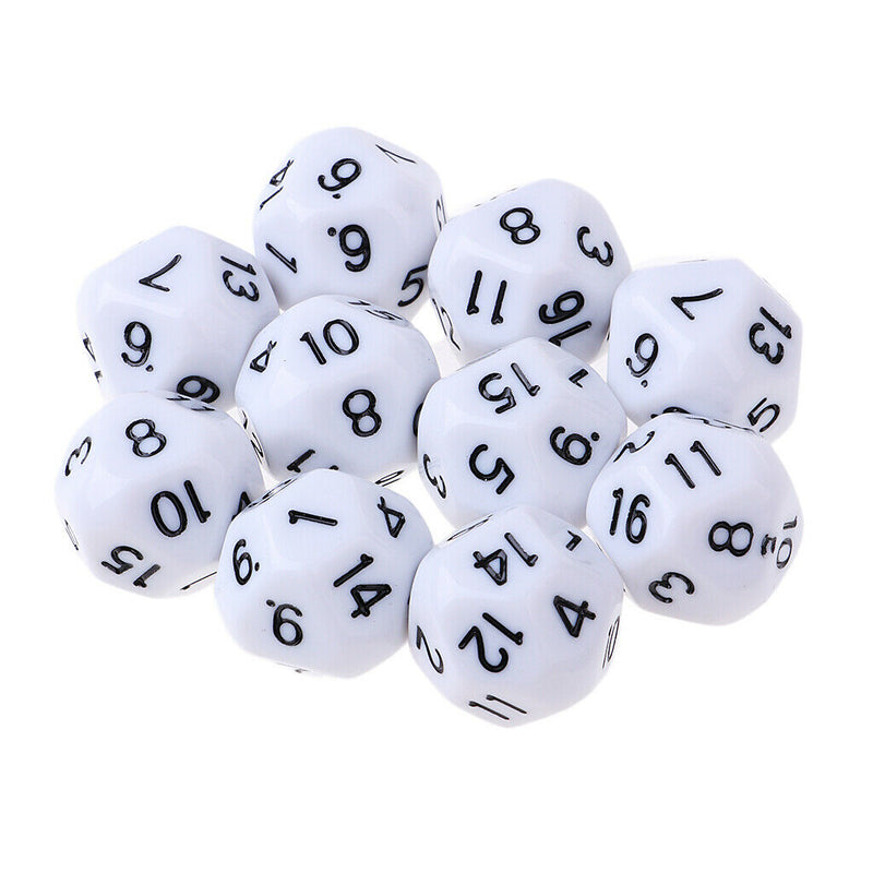 10pcs 16 Sided D16 14mm Acrylic Opaque Dice for Role Playing Game RPG White