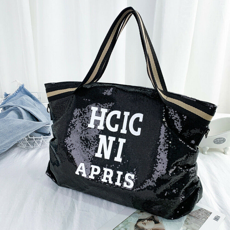 Letters Sequin Crossbody Shopping Bags Women Large Shoulder Handbag (Black)