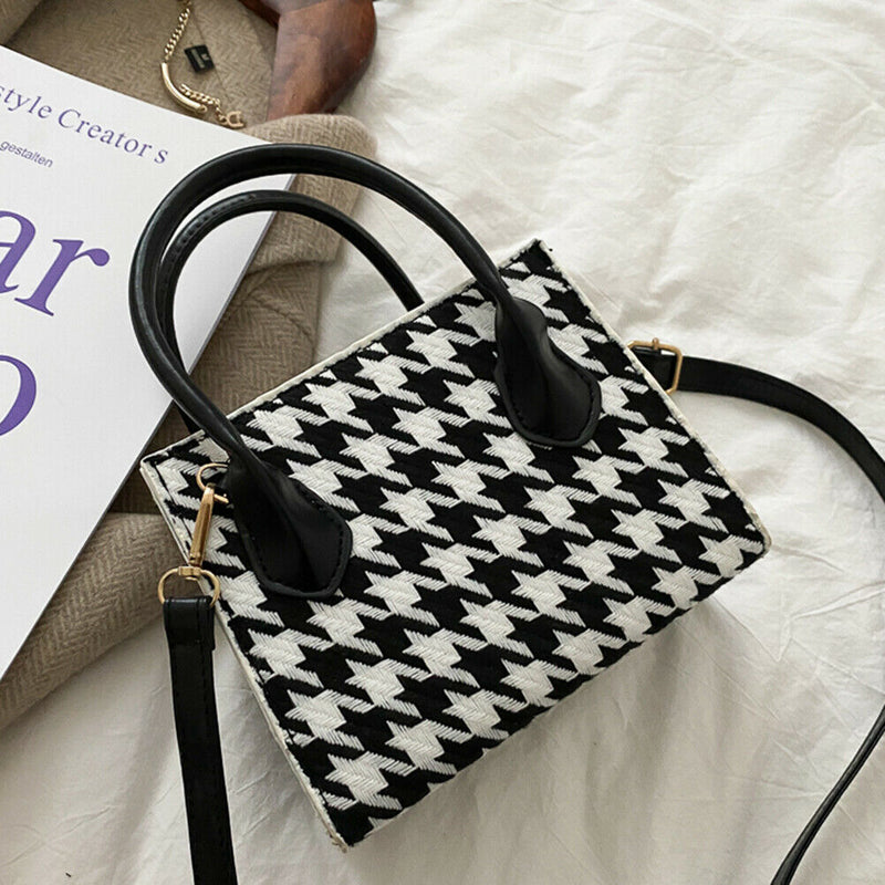 Retro Plaid Shoulder Crossbody Bag Women PU Portable Totes Handbags (Black)