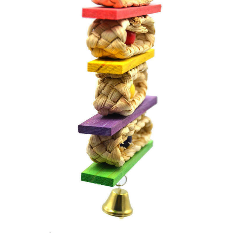 Parrot Bird Toys Natural Wooden Grass Chewing Bite Hanging Cage Bell Swing Climb