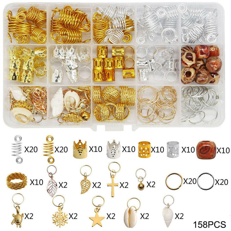 158Pcs Metal Hair Braiding Beads Hair Braid Rings Cuffs Hair Jewelry Set