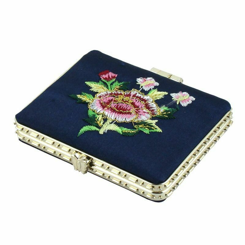 Navy Blue Rectangle Flowered Chinese Decorative Mirror K3K7