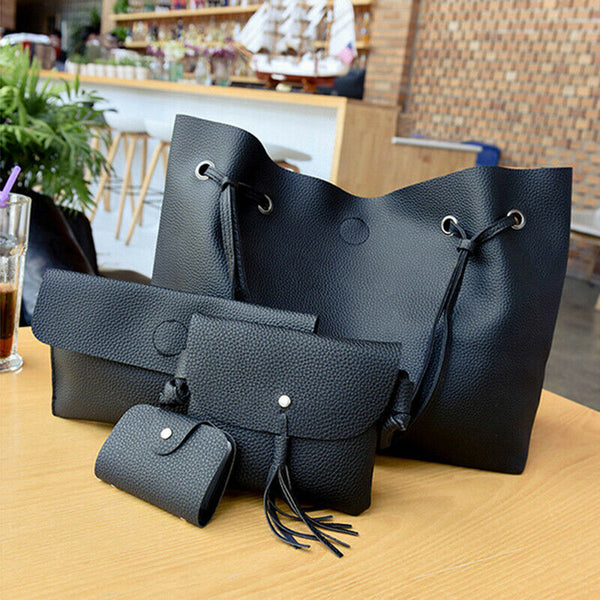 Women Handbags Purse Shoulder Bags Casual Tassel Tote 4Pcs Bags(Black) J1A6