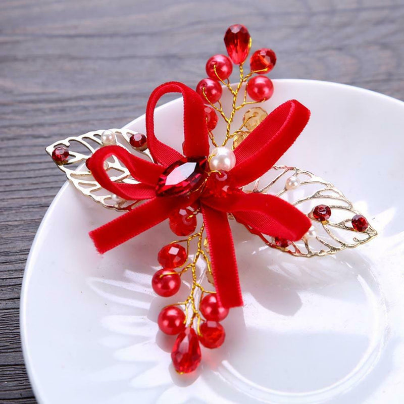 Women Red Crystal Leaf Hairpin Kids Girls Bride Wedding Bowknot Hair Clips A