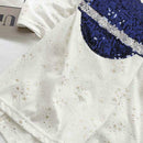 Summer Women Loose T-shirt Star Print Sequin Short-Sleeve Tops (White) (M)