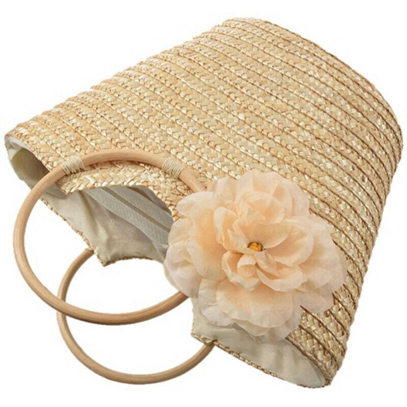 Women's Straw Handbag Flower Woven Summer Beach Messenger Tote Bag Basket S E6Y1