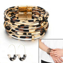 1 Set Fashion Charm Women Multilayer Leopard Leather Bracelet & Acrylic Earrings
