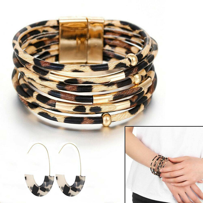 1 Set Fashion Charm Women Multilayer Leopard Leather Bracelet & Acrylic Earrings