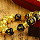 Feng Shui Black Bead Alloy Wealth Bracelet with Golden Pixiu Charms Jewelry Gift