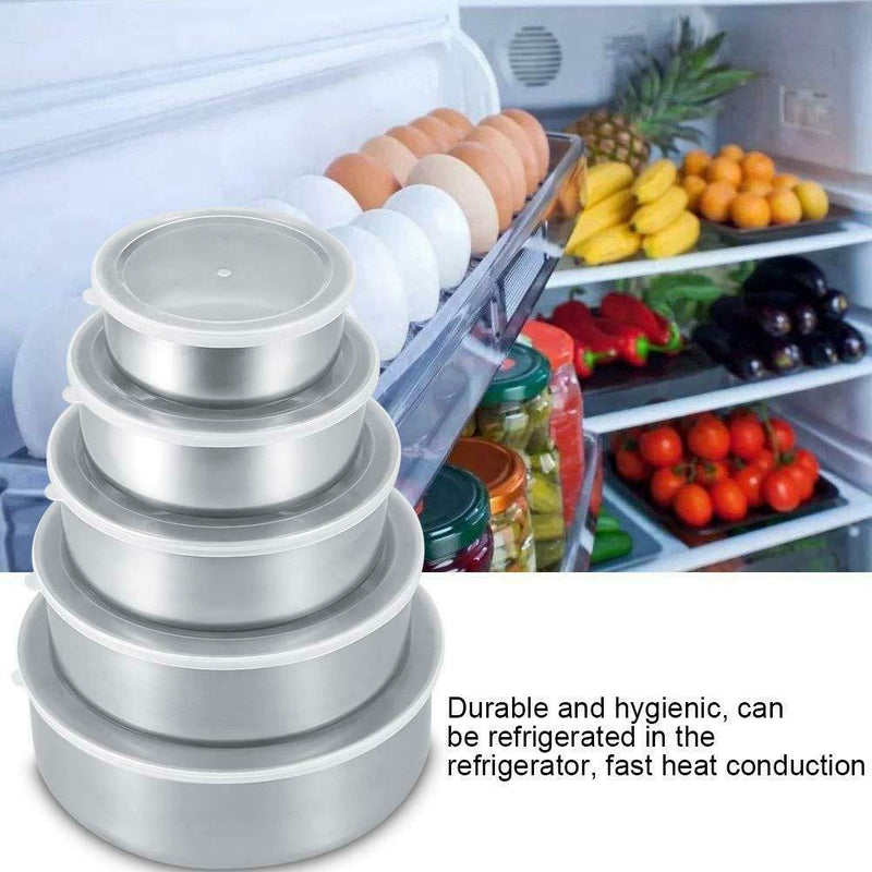 5PC Stainless Steel Round Sealed Crisper Fresh Bowls Food Beans Storage Bowl Box