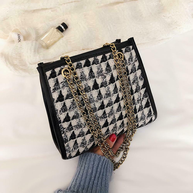 Au2pcs/set Women Woolen Shoulder Messenger Bag Chain Handbag Clutch (Black)