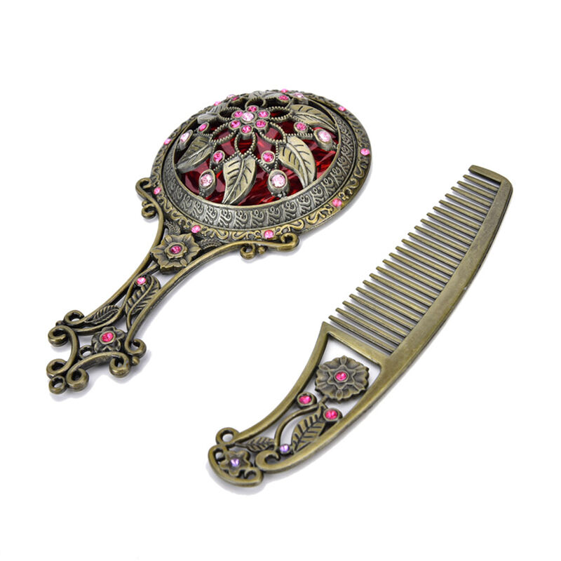 2PCS Bronze Handheld Mirrors Hollow Cosmetic Compact Mirror Comb Set Gift Box 3C