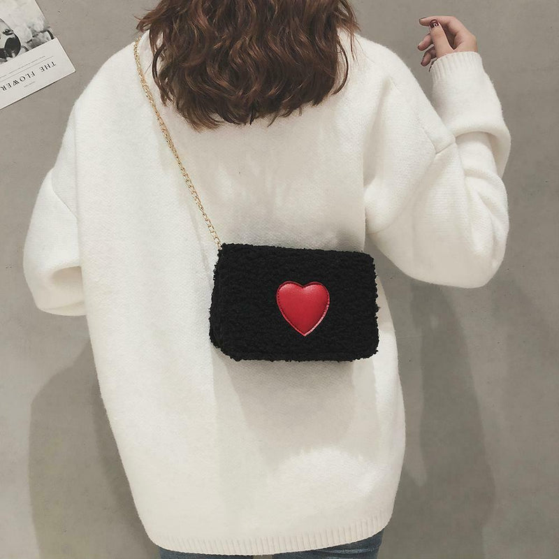 Winter Heart Small Bags Women Girls Chain Shoulder Messenger Bags (Black)