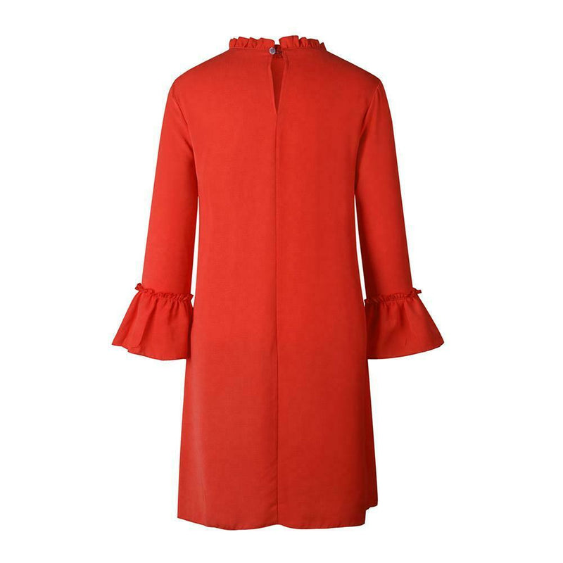 Solid Color Loose Straight Dress Pleated Women Chiffon Dresses (Red S) A