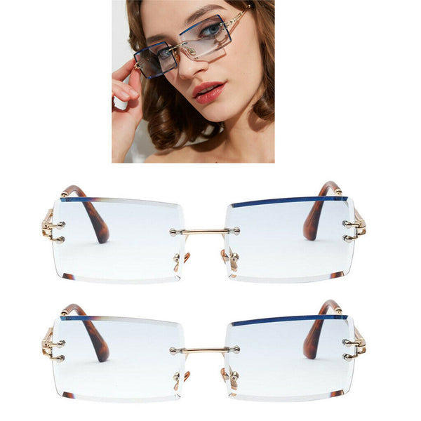 2Pack Stylish Rectangle Cut Rimless Sunglasses Tinted Lens Eyewear Shades Blue