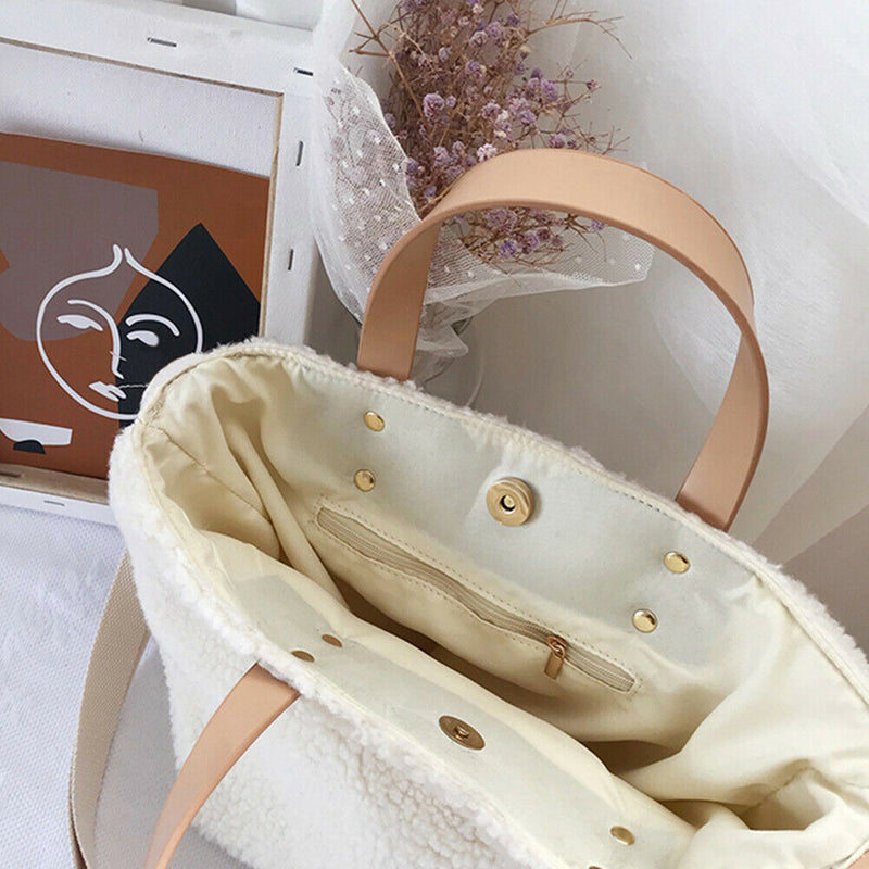 Splicing Leather Plush Casual Shoulder Top-handle Bag Autumn Handbag for Female