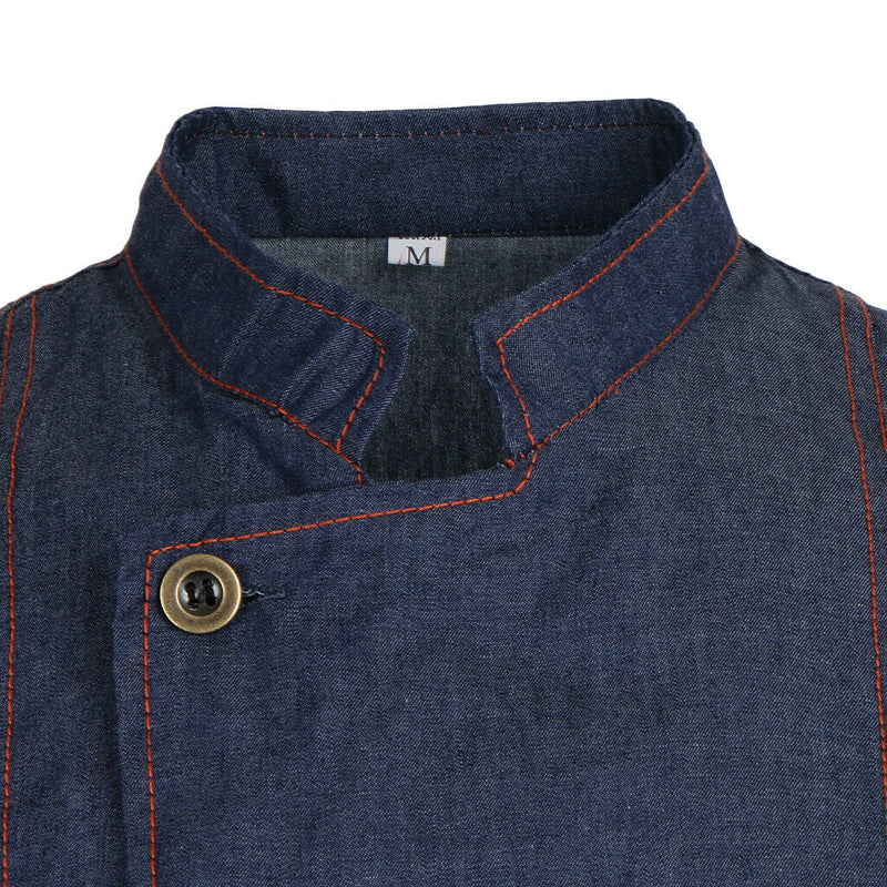 Unisex Denim Chef Jacket Coat Short Sleeves Shirt Kitchen Uniform Blue M