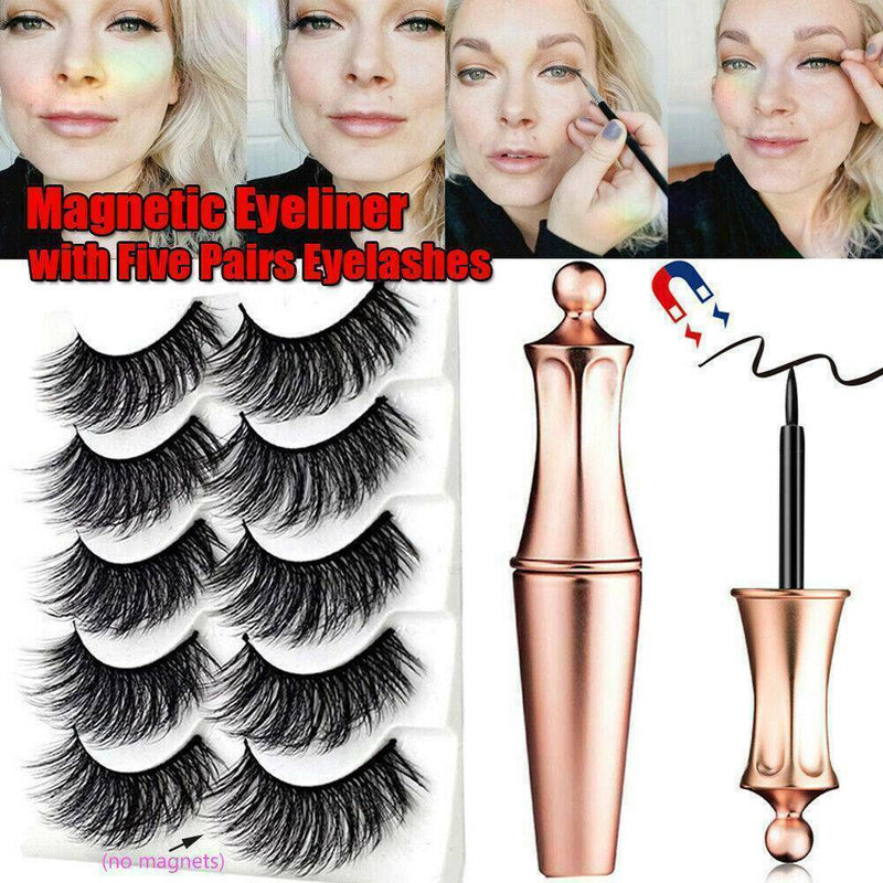 Waterproof Magnetic Eyeliner + 5 Pairs Eyelashes and Tweezer Long Lashes KIT ~