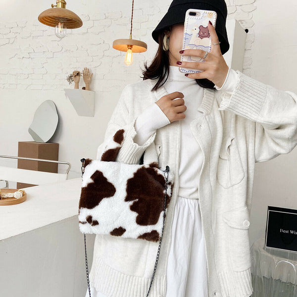 Plush Messenger Bag Women Winter Fashion Shoulder Fluffy Handbag (Brown)