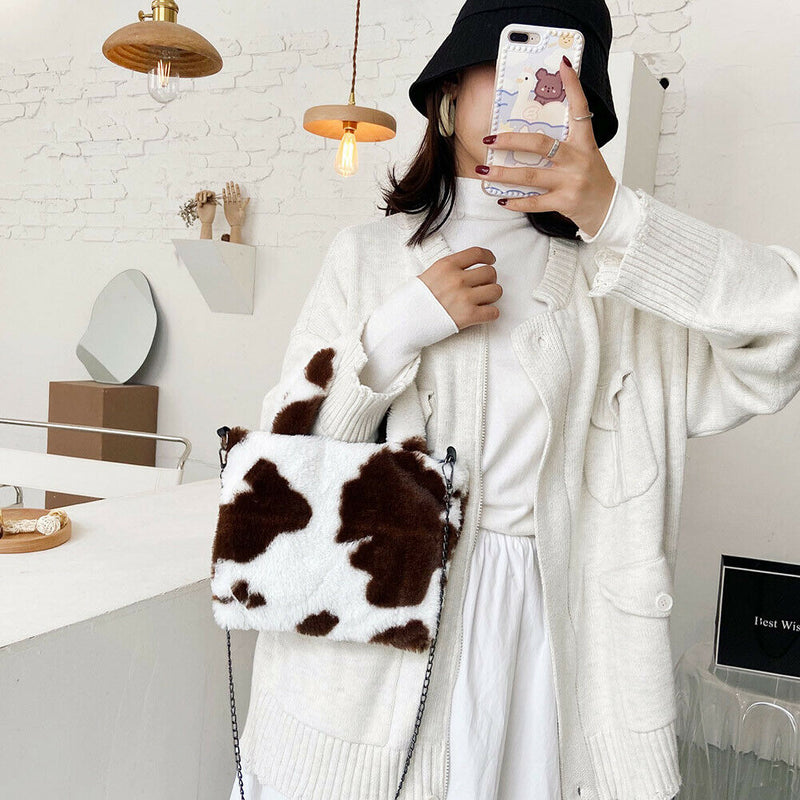 Plush Messenger Bag Women Winter Fashion Shoulder Fluffy Handbag (Brown)