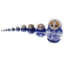 Set of 10 Pieces Hand Painted Blue Girls Russian Babushka Matryoshka Nesting