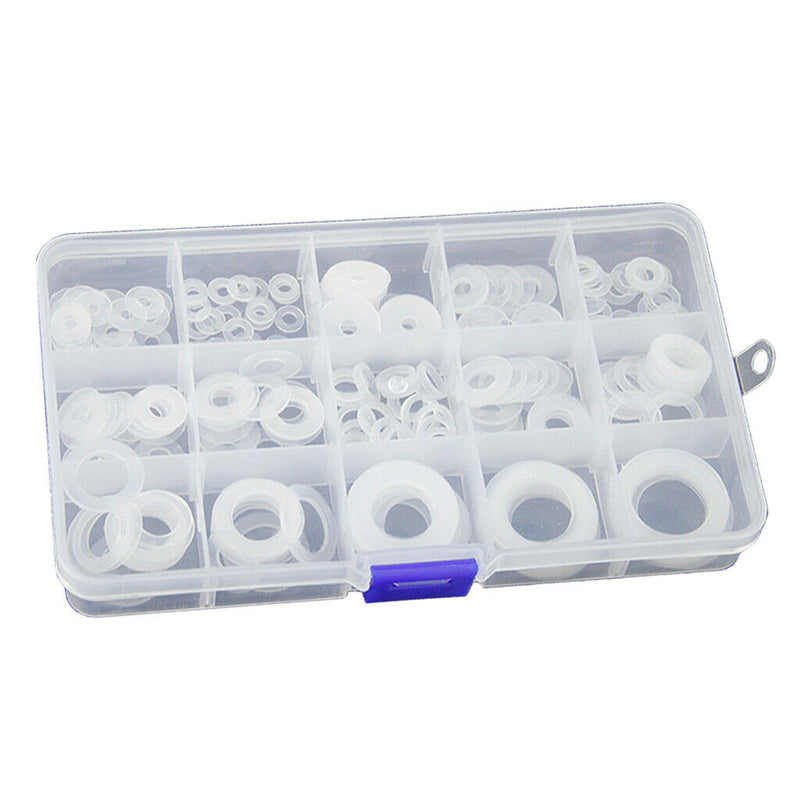 250Pcs Durable White Nylon Washer Flat Gasket  Washer Set With Storage Box