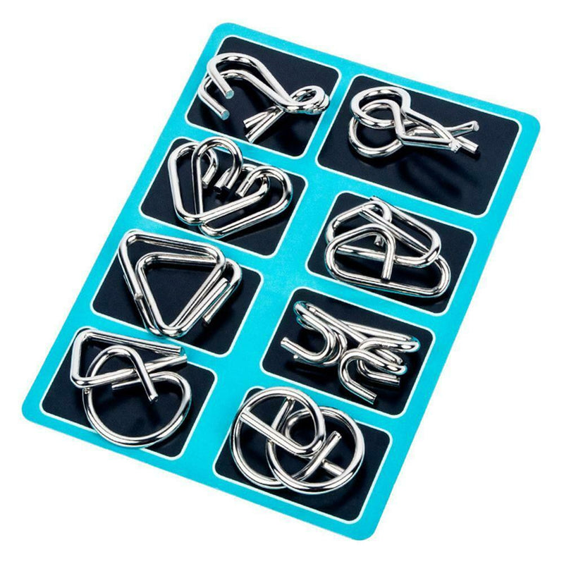 8pcs Stress Reliever Toys Blue Metal IQ Mind Montessori Brain Teaser Puzzle