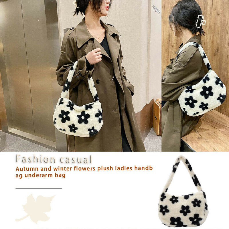 Female Plush Soft Fluffy Handbag Flower Printed Shoulder Bag Street Travel Purse