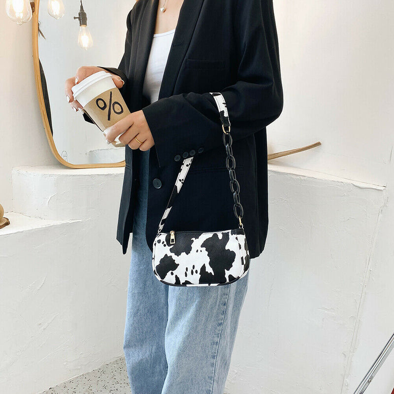 Cow Print PU Women Handbag Tote Acrylic Chain Underarm Shoulder Bag (White)