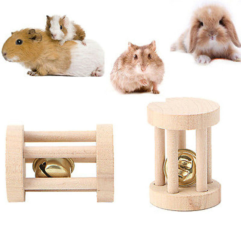 1PC Natural Wood Chew Toys Bell Roller Dumbells For Pet Rabbits Hamsters Rat FT