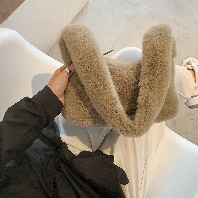 Women Fluffy Shoulder Bag Solid Plush Handbags Female Winter Totes (Brown)