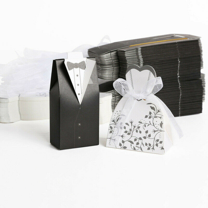 100pcs Wedding Favor Boxes Dress Tuxedo Party Candy Gift Bride Groom Shower ZET