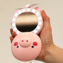 Cartoon Pig Mini Cosmetic Mirror Fan LED Light Handheld USB Rechargeable