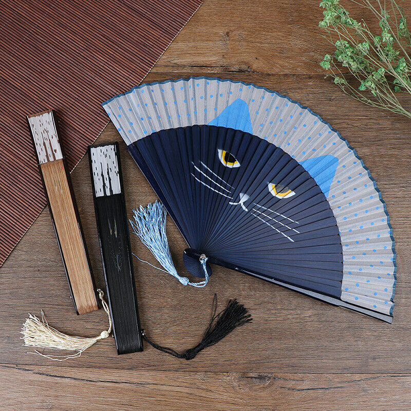 Summer Bamboo Folding Fan Hand Held Cartoon Cat Baking Varnish Fan Pocket Gif Kw