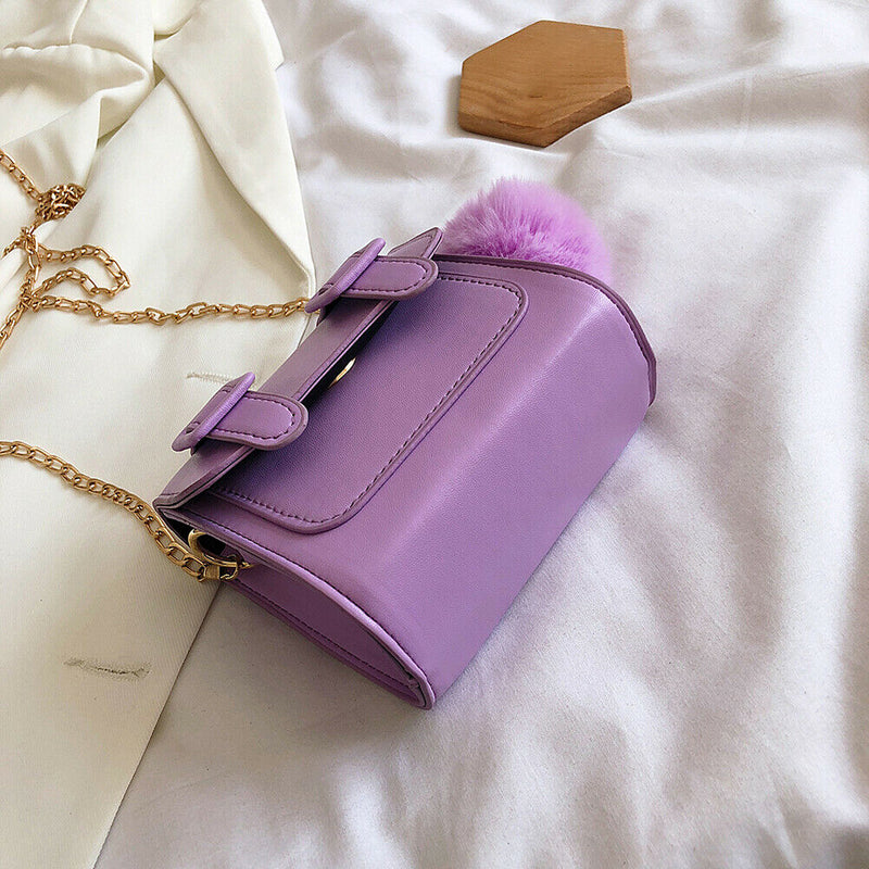 Women Chain Crossbody Bag PU Female Mini Pompom Shoulder Handbags (Purple)