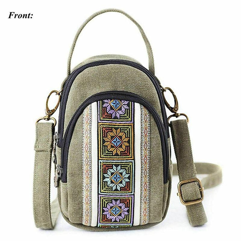 Embroidery Canvas Crossbody Bag Cell phone Pouch Coin Purse for Women Girls J5S1