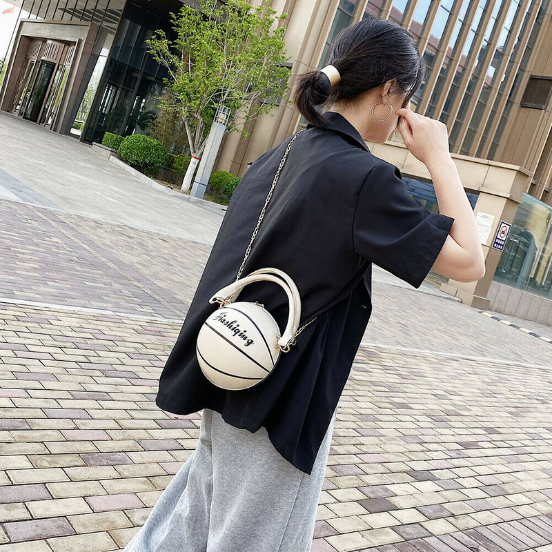 Round Basketball Women Leather Shoulder Messenger Bag Chain Handbag (White)