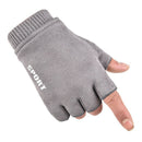 Winter Suede Fingerless-Gloves for Men Half Finger Convertible Mittens Glov