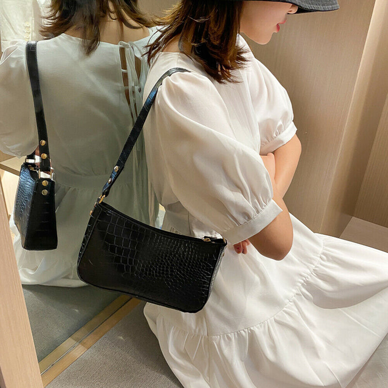 Women Alligator PU Leather Handbag Ladies Zip Totes Shoulder Bags (Black)