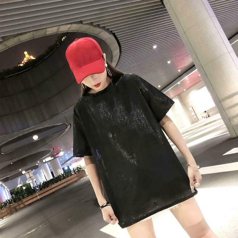Fashion Women Bling Solid Short Sleeve Loose T-Shirts Long Tops (Black XL)