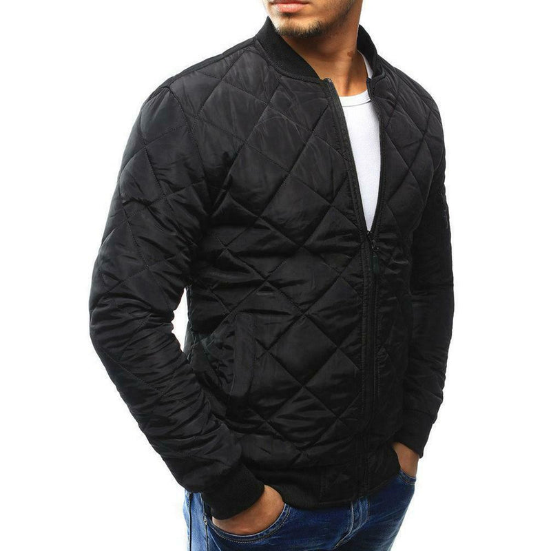 Men Long Sleeve Diamond Stand Collar Winter Padded Jacket (Black L) A