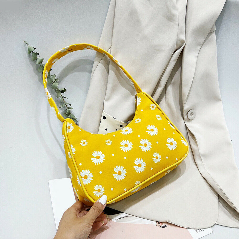 Women Flower Daisy Handbag Nylon Casual Underarm Shoulder Tote Bag (Yellow)