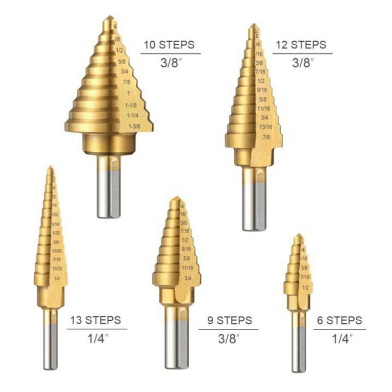 6PCS Steel Step Drill Hex Shank Set with Aluminum Case,Double Cutting Blades &