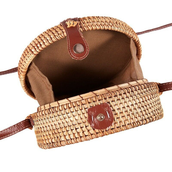 Woven Rattan Bag Round Straw Shoulder Bag Small Beach Handbags Women Summer E4D1