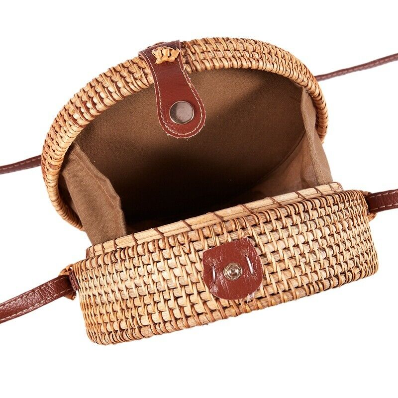 Woven Rattan Bag Round Straw Shoulder Bag Small Beach Handbags Women Summer E4D1