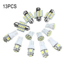 13Pcs Car White LED Lights Kit T10 & 31mm Festoon Map Dome License Plate Lamps