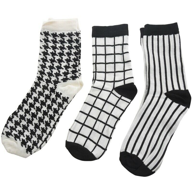 Autumn Winter Women Men Unisex Cotton Retro Socks 3 Pairs/lot Black+White E7P8